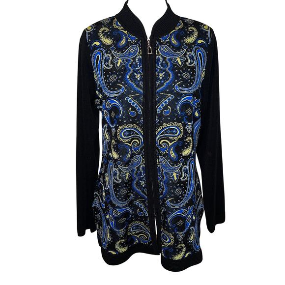 Misook Paisley Knit Zip Up Hip Length Cardigan Sweater Black Blue Yellow Size S - Picture 2 of 14